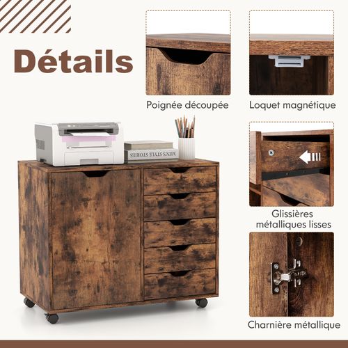 Caisson De Rangement à Roulettes 5 Tiroirs, Placard Avec Étagère Réglable (marron Rustique)