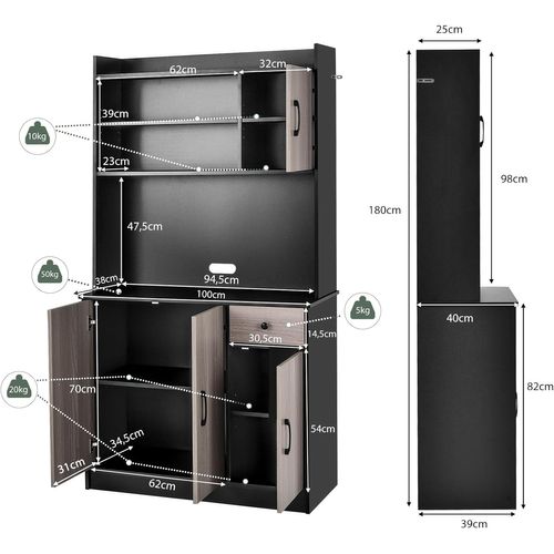 Buffet Cuisine Rangement, Armoire Cuisine Avec Tiroir, 4 Etagères Réglables, 100 X 40 X 180 Cm Noir