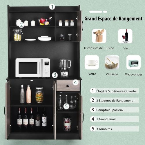 Buffet Cuisine Rangement, Armoire Cuisine Avec Tiroir, 4 Etagères Réglables, 100 X 40 X 180 Cm Noir