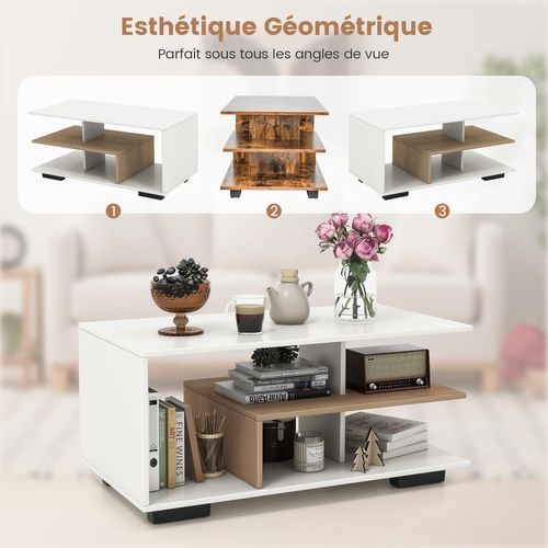 Table Basse Avec Rangement, Table Basse Salon Avec Etagères, 90 X 50 X 42 Cm (marron Rustique)