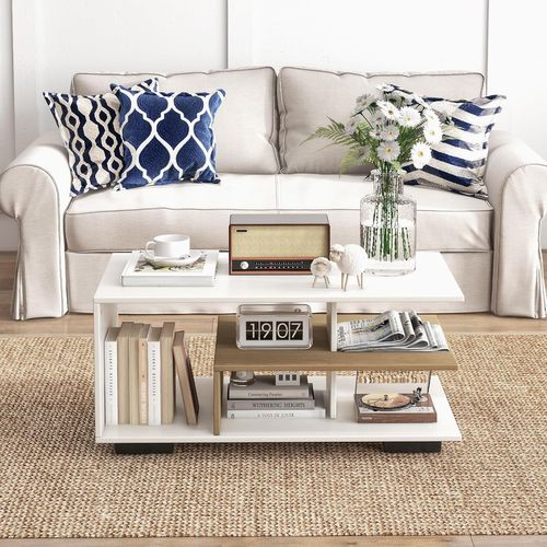 Table Basse Avec Rangement, Table Basse Salon Avec Etagères, 90 X 50 X 42 Cm (blanc)