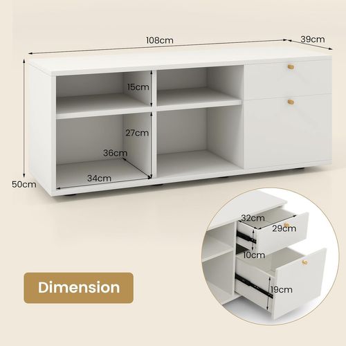 Meuble TV, 2 Tiroirs, 4 Compartiments, Table TV Bohême Pour 49" Au Max, Blanc, 108 X 39 X 50 Cm