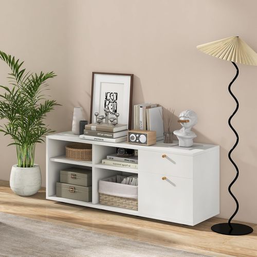 Meuble TV, 2 Tiroirs, 4 Compartiments, Table TV Bohême Pour 49" Au Max, Blanc, 108 X 39 X 50 Cm