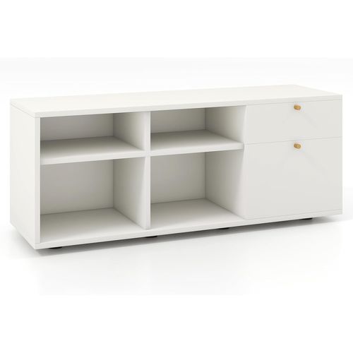 Meuble TV, 2 Tiroirs, 4 Compartiments, Table TV Bohême Pour 49" Au Max, Blanc, 108 X 39 X 50 Cm