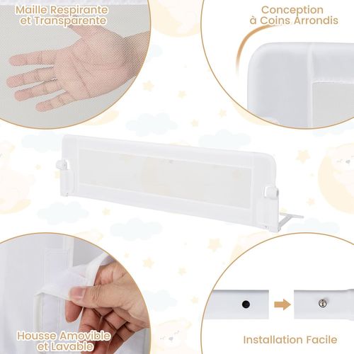 Barrière De Lit Pliable Pour Bébé/enfant Avec Mousse Souple (blanc, 150 X 42 Cm)