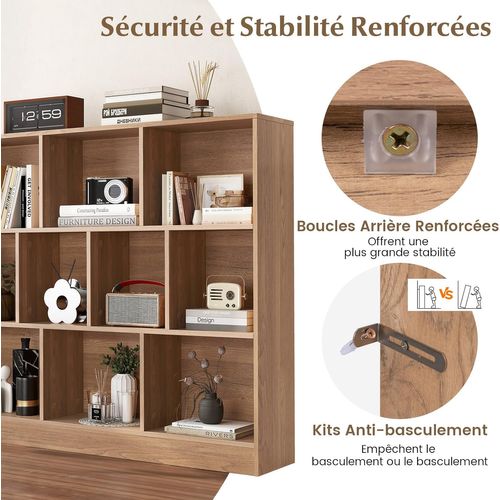 Bibliothèque Étagère à 10 Compartiments Ouverts, Meuble De Rangement à 3 Niveaux (naturel)