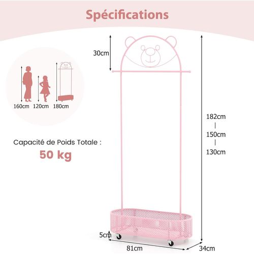 Portant à Vêtements Enfant En Forme D’ours Avec 3 Hauteurs Réglables, Charge 50kg