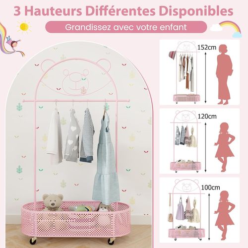 Portant à Vêtements Enfant En Forme D’ours Avec 3 Hauteurs Réglables, Charge 50kg