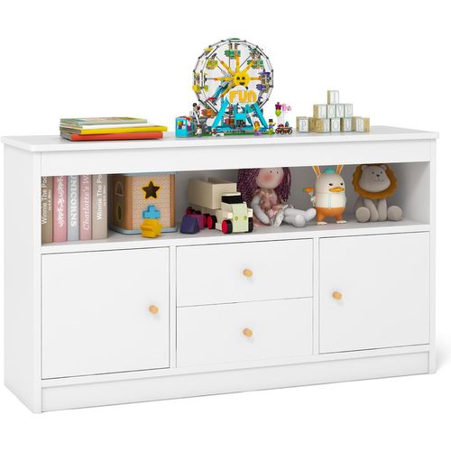 Coffre à Jouets Enfant Avec 2 Tiroirs Et 2 Armoires, Meuble De Rangement, 106 X 30 X 62 Cm