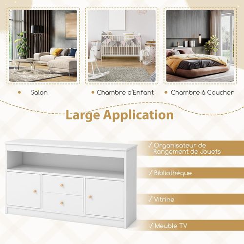 Coffre à Jouets Enfant Avec 2 Tiroirs Et 2 Armoires, Meuble De Rangement, 106 X 30 X 62 Cm