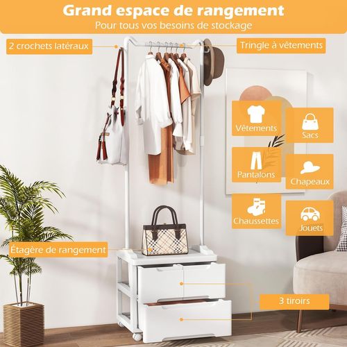 Portant à Vetement Avec Roulettes, Penderie Vêtement Solide Avce 3 Tiroirs, Tringle à Vêtement 157cm