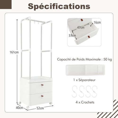 Portant à Vetement Avec Roulettes, Penderie Vêtement Solide Avce 2 Tiroirs, Tringle à Vêtement 161cm