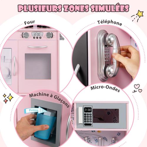 Cuisine Enfants En Bois Avec Tableau Noir Et Téléphone, 82 X 24 X 80 Cm (rose Clair)