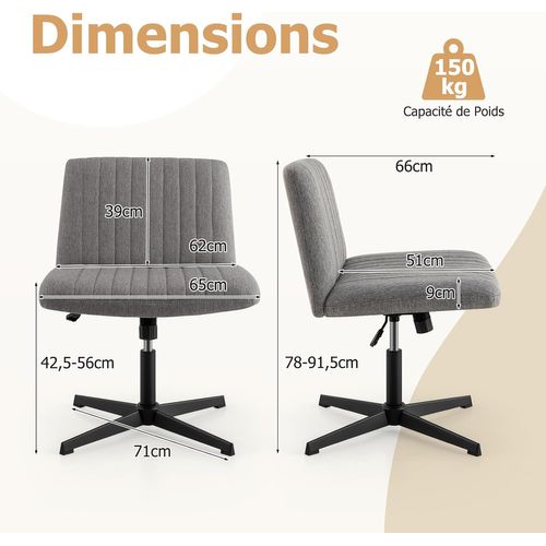 Chaise De Bureau Sans Accoudoirs Avec Siège Rembourré Large, Bascule à 120°, Bureau (gris)