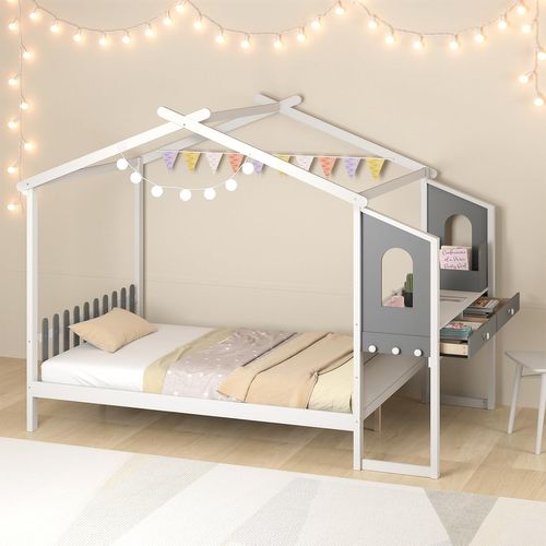 Lit Cabane Enfant 140 X 200 Cm Avec Grand Bureau, Lit Maison Double En Bois Blanc Et Gris