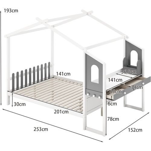 Lit Cabane Enfant 140 X 200 Cm Avec Grand Bureau, Lit Maison Double En Bois Blanc Et Gris