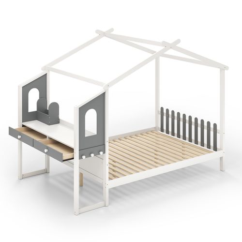 Lit Cabane Enfant 140 X 200 Cm Avec Grand Bureau, Lit Maison Double En Bois Blanc Et Gris