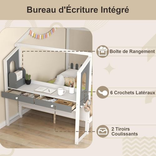 Lit Cabane Enfant 140 X 200 Cm Avec Grand Bureau, Lit Maison Double En Bois Blanc Et Gris