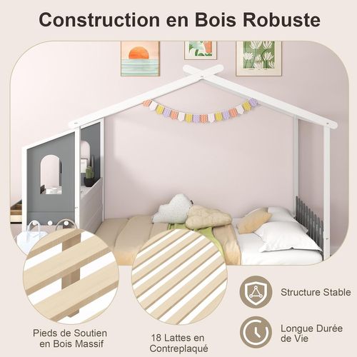 Lit Cabane Enfant 140 X 200 Cm Avec Grand Bureau, Lit Maison Double En Bois Blanc Et Gris