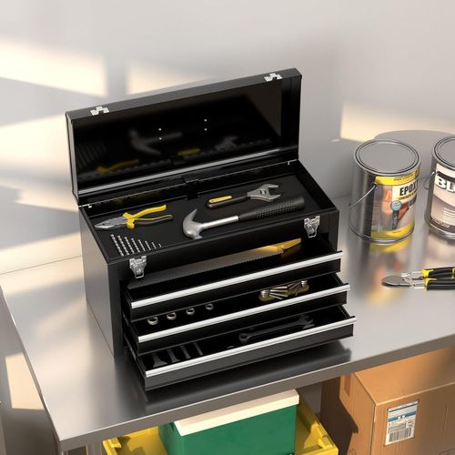 Boîte à Outils En Métal Avec 3 Tiroirs, Coffre à Outils Avec Plateau De Rangement(noir)