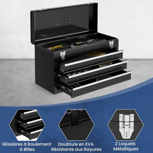 Boîte à Outils En Métal Avec 3 Tiroirs, Coffre à Outils Avec Plateau De Rangement(noir)