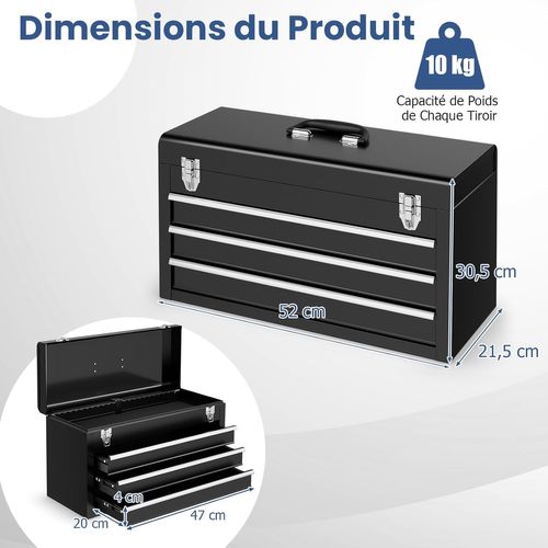 Boîte à Outils En Métal Avec 3 Tiroirs, Coffre à Outils Avec Plateau De Rangement(noir)