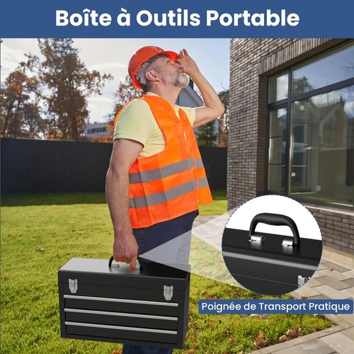 Boîte à Outils En Métal Avec 3 Tiroirs, Coffre à Outils Avec Plateau De Rangement(noir)