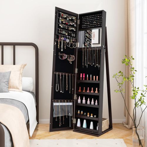 Armoire à Bijoux Sur Pieds, Miroir HD Pleine Longueur Et Miroir De Maquillage Intégré (brun Foncé)