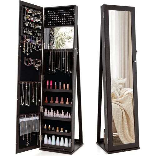 Armoire à Bijoux Sur Pieds, Miroir HD Pleine Longueur Et Miroir De Maquillage Intégré (brun Foncé)