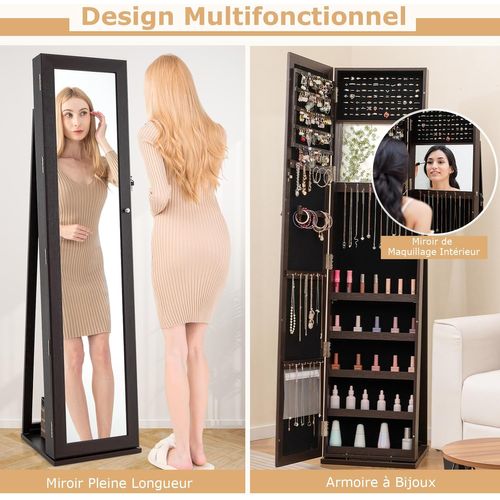 Armoire à Bijoux Sur Pieds, Miroir HD Pleine Longueur Et Miroir De Maquillage Intégré (brun Foncé)