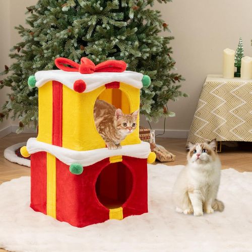 Maison Pour Chat De Noël à 2 Etages, Niche Pour Chat Intérieur