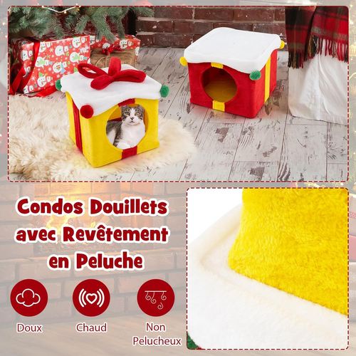 Maison Pour Chat De Noël à 2 Etages, Niche Pour Chat Intérieur