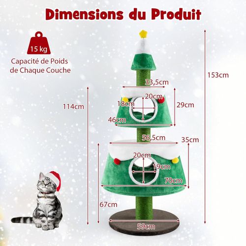 Arbre à Chat De Noël 153 Cm, Tour Pour Chat Intérieur à 3 Étages, 2 Condos, Arbre à Chat XXL