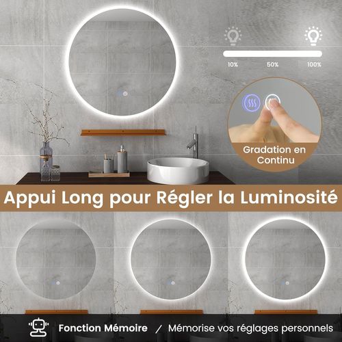 Miroir LED Salle De Bain Ø60 Cm, Miroir Mural Rond Antibuee, 3000-6000k, Luminosité Réglable