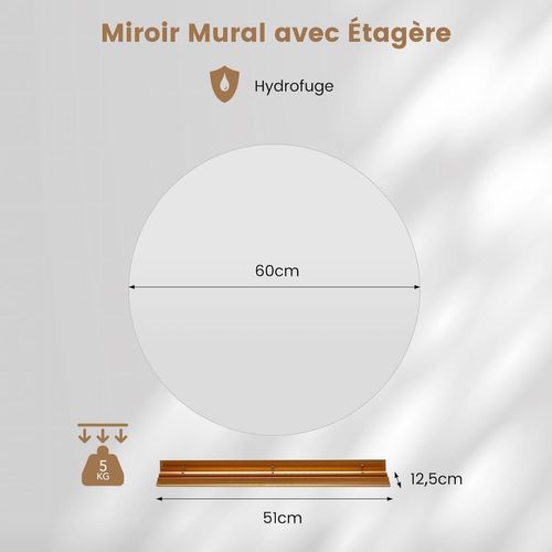 Miroir LED Salle De Bain Ø60 Cm, Miroir Mural Rond Antibuee, 3000-6000k, Luminosité Réglable