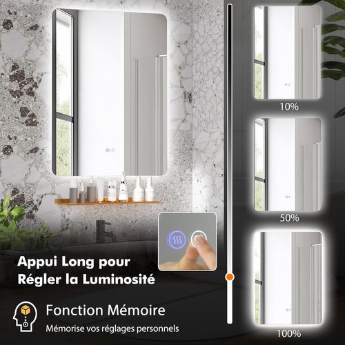 Miroir LED Salle De Bain 70 X 50 Cm, Miroir Mural Rectangulaire Antibuee, 3000-6000k
