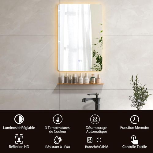 Miroir LED Salle De Bain 70 X 50 Cm, Miroir Mural Rectangulaire Antibuee, 3000-6000k