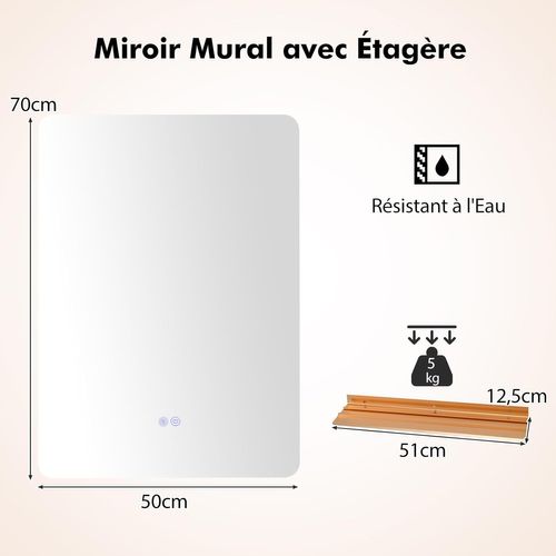 Miroir LED Salle De Bain 70 X 50 Cm, Miroir Mural Rectangulaire Antibuee, 3000-6000k