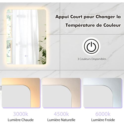 Miroir LED Salle De Bain 70 X 50 Cm, Miroir Mural Rectangulaire Antibuee, 3000-6000k