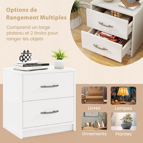 Table De Nuit 2 Tiroirs, Table De Chevet Moderne Avec Rangement, Chevet De Lit Bois (blanc)