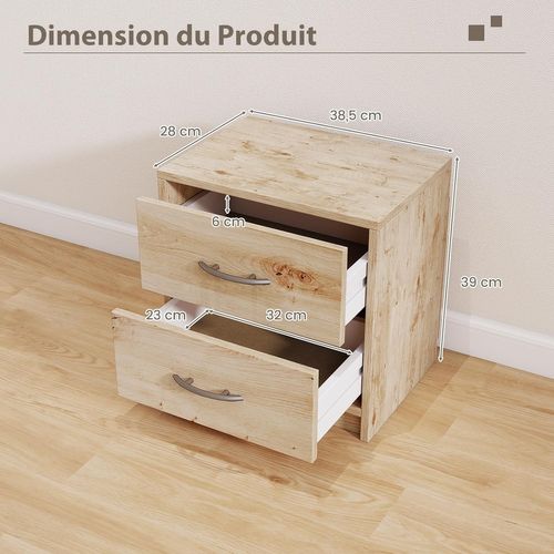 Table De Nuit 2 Tiroirs, Table De Chevet Moderne Avec Rangement, Chevet De Lit Bois (naturel)