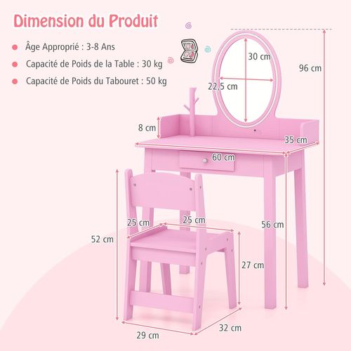 2 En 1 Coiffeuse Enfants Avec Miroir LED Et Tabouret, Table De Maquillage, Charge 50kg
