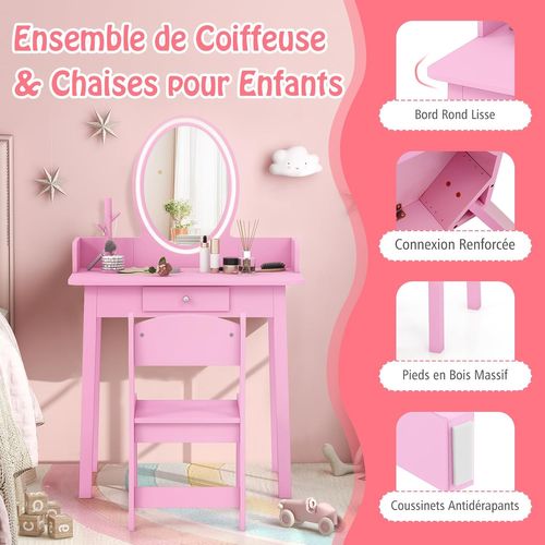 2 En 1 Coiffeuse Enfants Avec Miroir LED Et Tabouret, Table De Maquillage, Charge 50kg