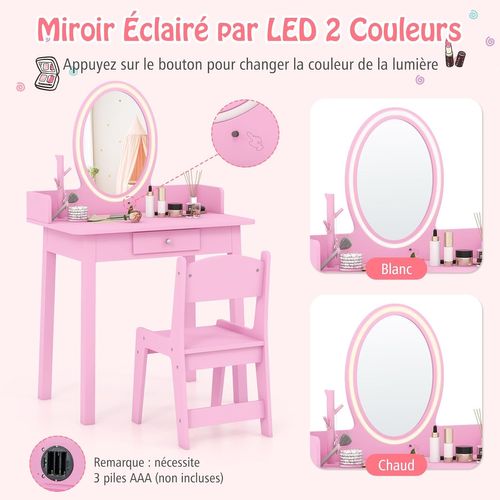 2 En 1 Coiffeuse Enfants Avec Miroir LED Et Tabouret, Table De Maquillage, Charge 50kg