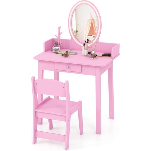 2 En 1 Coiffeuse Enfants Avec Miroir LED Et Tabouret, Table De Maquillage, Charge 50kg