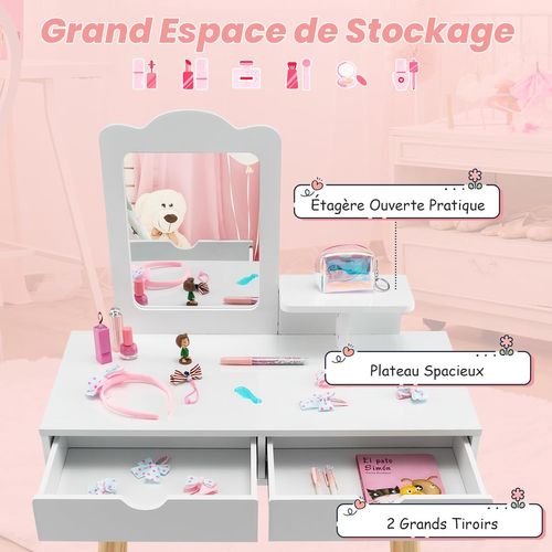 2 En 1 Coiffeuse Enfant Avec Miroir Rectangulaire Amovible Et Tabouret Mignon, Charge 20/40kg