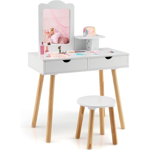 2 En 1 Coiffeuse Enfant Avec Miroir Rectangulaire Amovible Et Tabouret Mignon, Charge 20/40kg