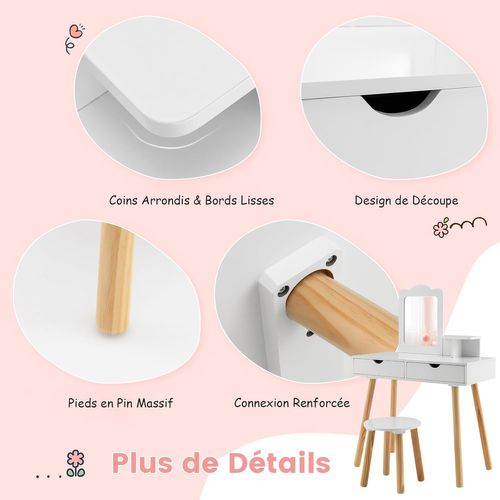 2 En 1 Coiffeuse Enfant Avec Miroir Rectangulaire Amovible Et Tabouret Mignon, Charge 20/40kg