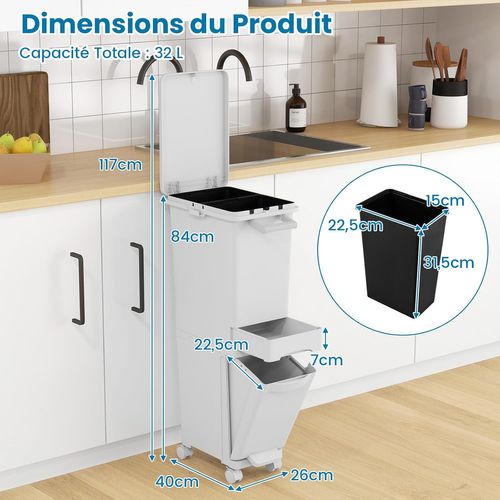 Poubelle Cuisine 32 L En Plastique, Poubelle Tri Selectif 2 Bac Avec Tiroir, 2 Seaux Amovible, Blanc
