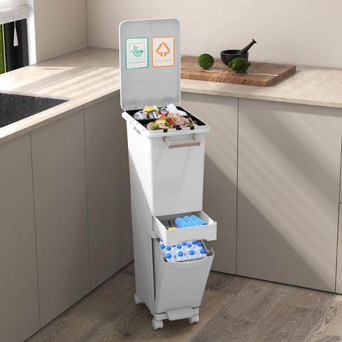Poubelle Cuisine 32 L En Plastique, Poubelle Tri Selectif 2 Bac Avec Tiroir, 2 Seaux Amovible, Blanc